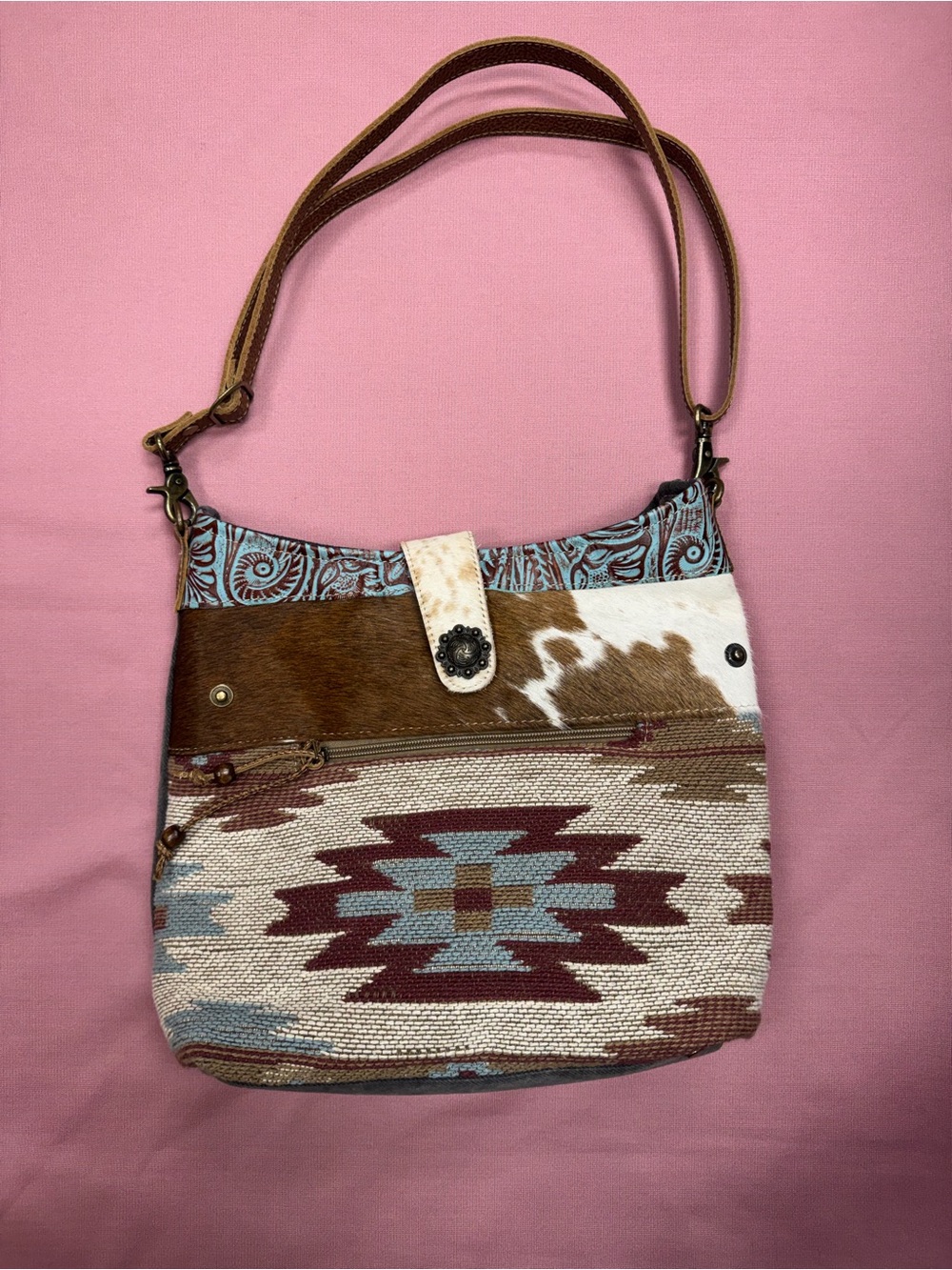 Boho Southwestern Patchwork Crossbody Bag in Brown, Cream & Blue